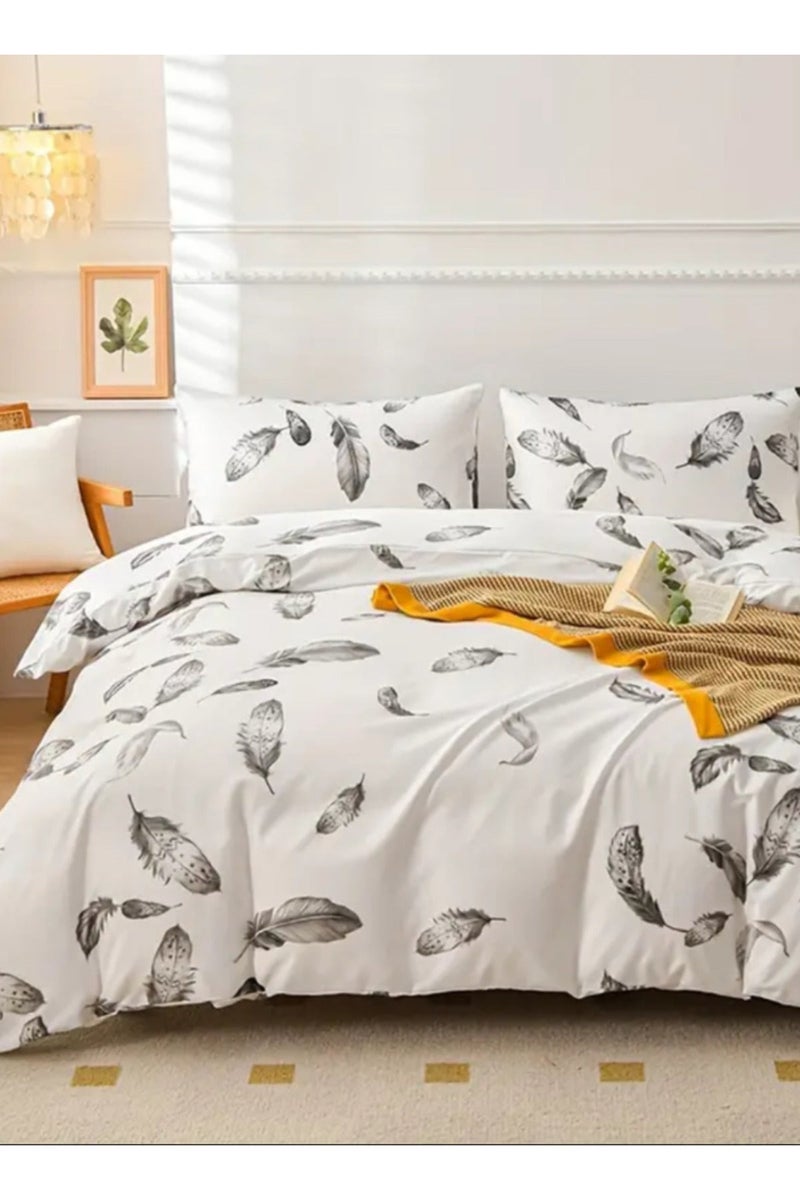 LUNA Home Queen size 6 pieces set: 1 Duvet cover - 200*230cm.; 1 Flat sheet - 230*250cm.; 4 Pillow covers - 50*75cm. Bedding set, white bed linen with black feathers - Image 4